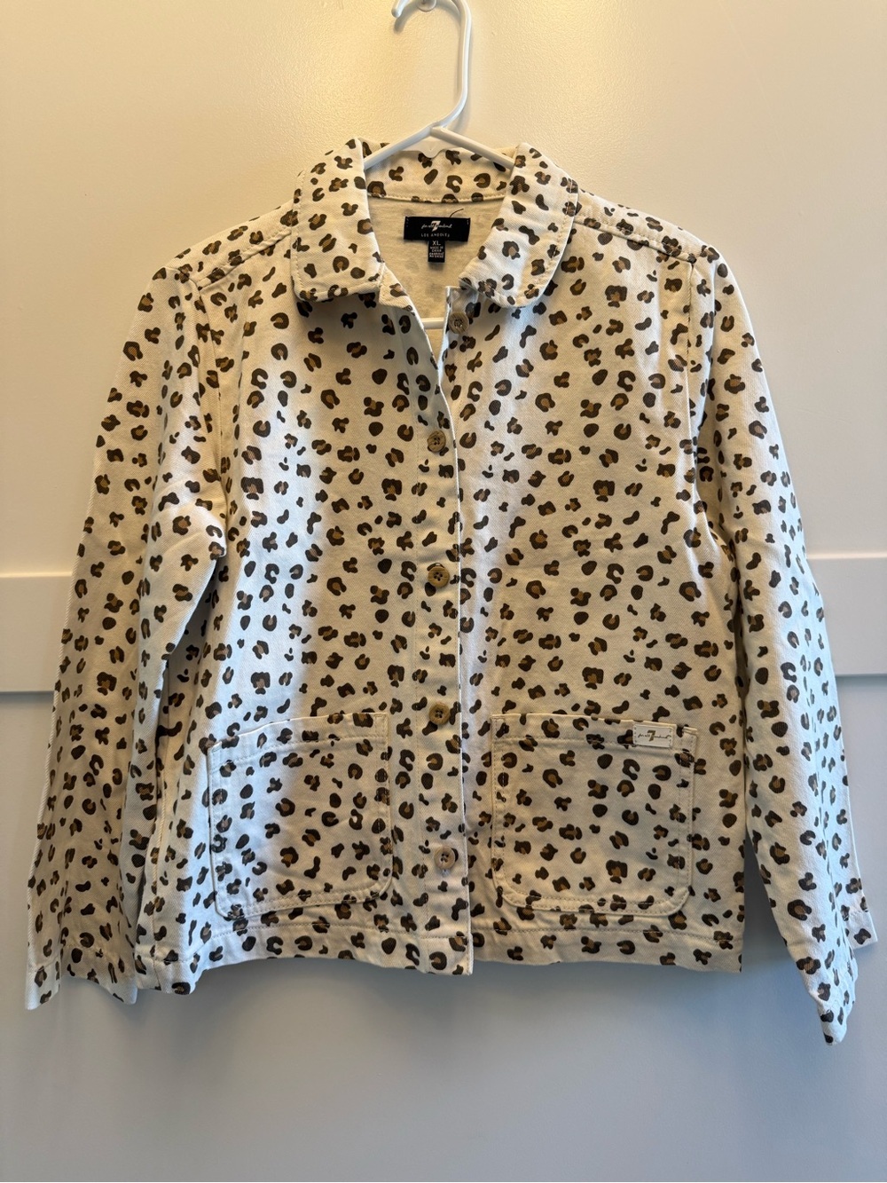 7 For All Mankind Girls XL Leopard Print Boxy Jacket White Cotton Button Front N